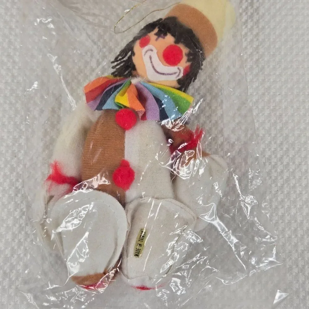 Vintage 70s Christmas Carnival Clown Ornament Plush Rainbow Bowtie